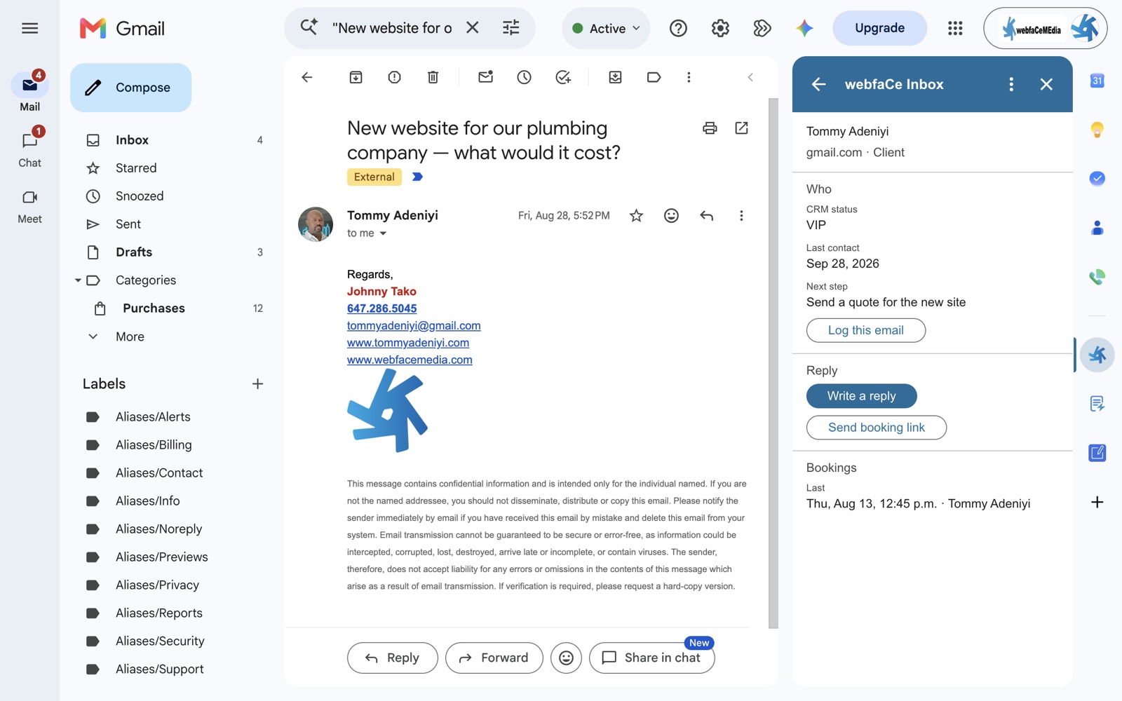 webfaCe Inbox panel beside an email in Gmail